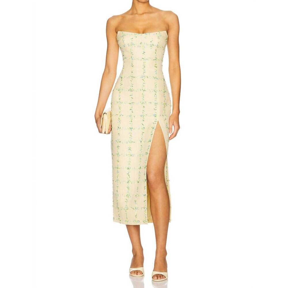 NEW AMANDA UPRICHARD ivy tweed strapless midi dress in yellow